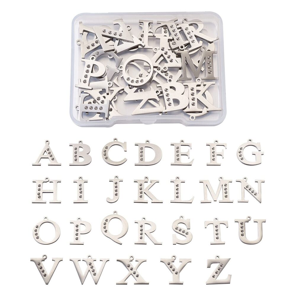 5597 26pcs 304 Stainless Steel Letter Pendants Alphabet Rhinestone Dangle